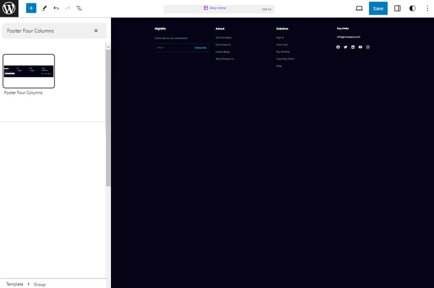 High Life Pro - Electronics WordPress eCommerce Block Theme Footer With Four Columns